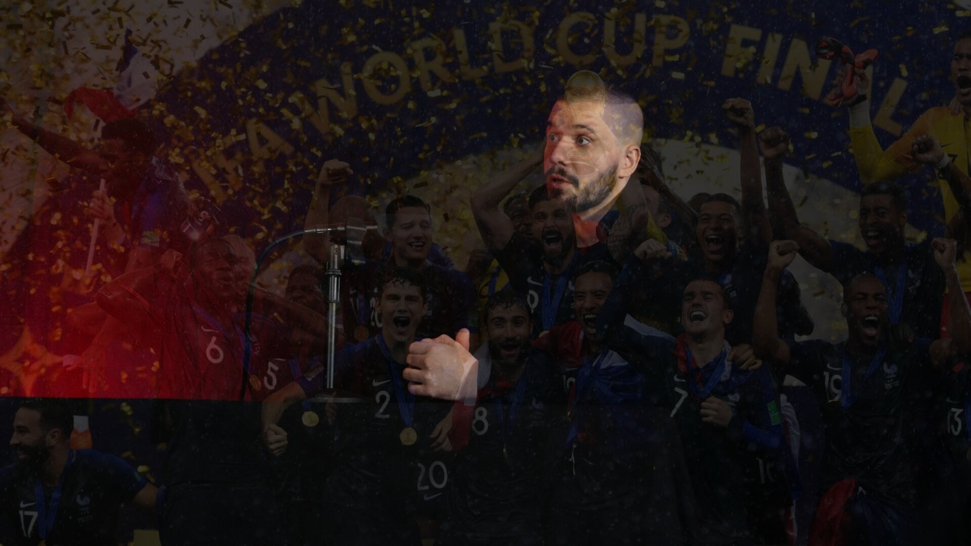 A photo of Vlad (Vladimir) Dorokhin with a background of the winning football team at the 2018 FIFA World Cup.