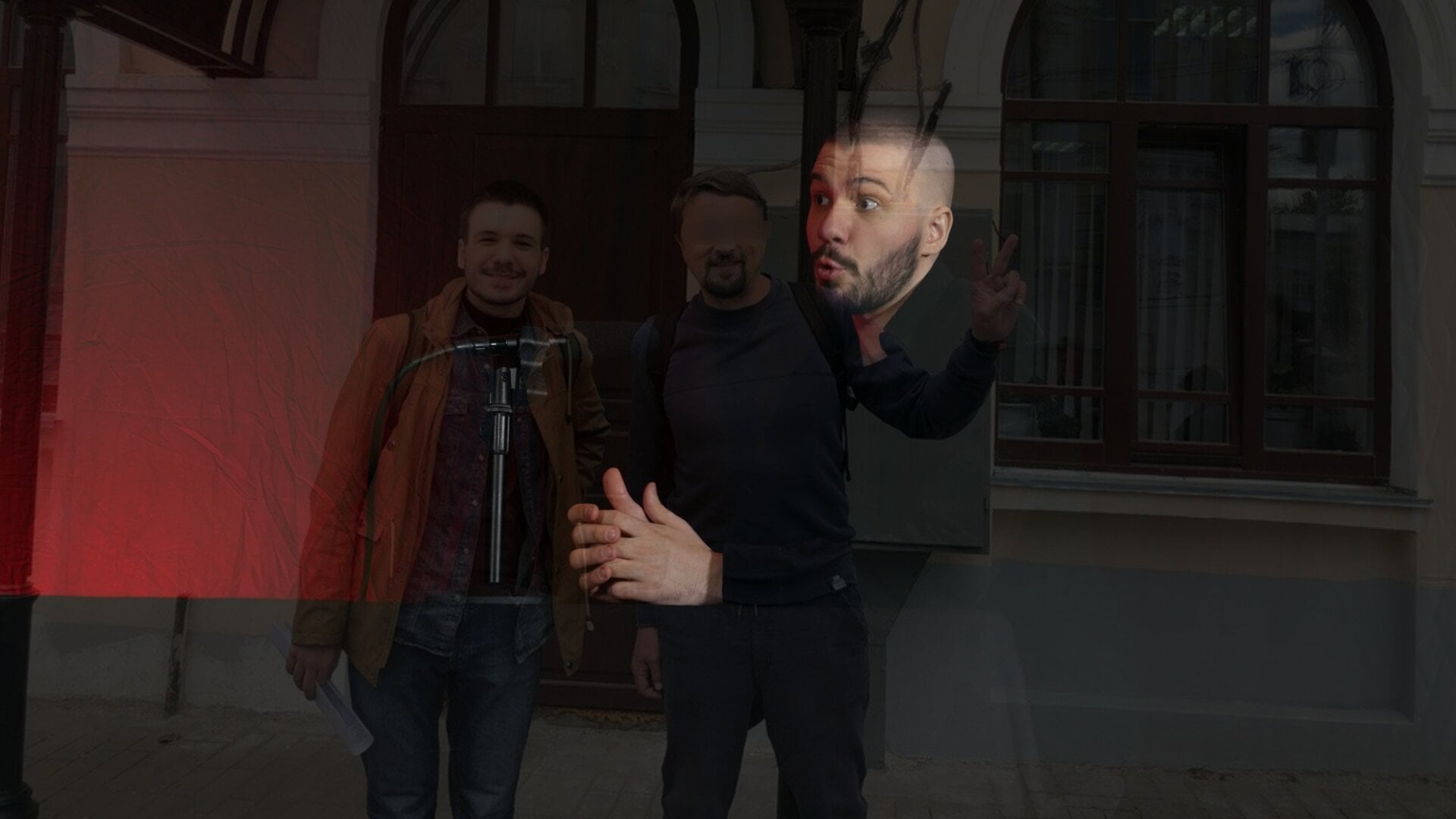 A photo of Vlad (Vladimir) Dorokhin with a background of Vladimir Dorokhin with another Navalnyi Samara Headquarters activist at the Samara district court.