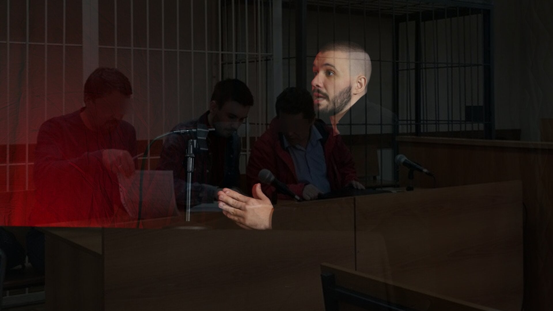 A photo of Vlad (Vladimir) Dorokhin with a background of Vladimir Dorokhin with an attorney and another Navalnyi Samara Headquarters activist in the Samara district court in 2018.