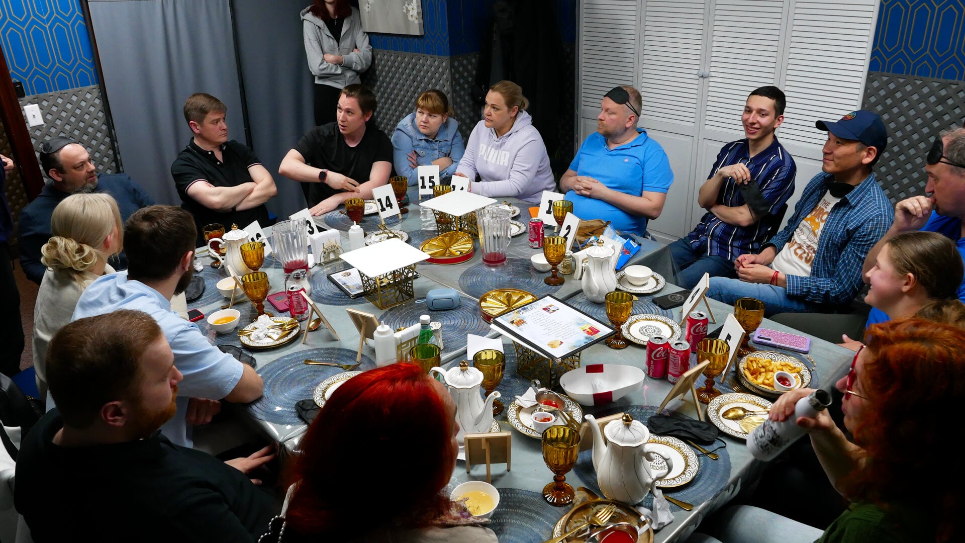 A photo of the participants of the «Mafia» community game held at a restaurant in Philadelphia, Pennsylvania, USA, on April 5, 2025, organized with the support of Vlad (Vladimir) Dorokhin.