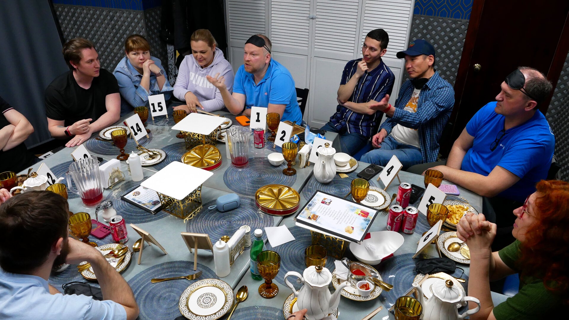 A photo of the participants of the «Mafia» community game held at a restaurant in Philadelphia, Pennsylvania, USA, on April 5, 2025, organized with the support of Vlad (Vladimir) Dorokhin.