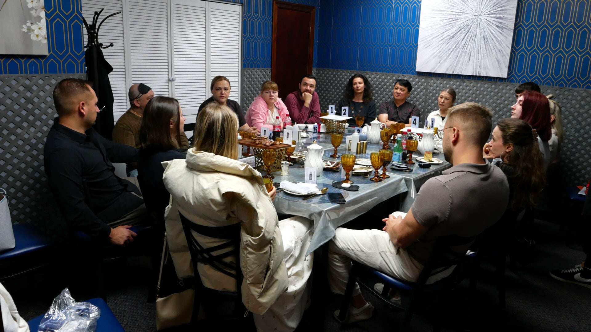 A photo of the participants of the «Mafia» community game held at a restaurant in Philadelphia, Pennsylvania, USA, on April 26, 2025, organized with the support of Vlad (Vladimir) Dorokhin.