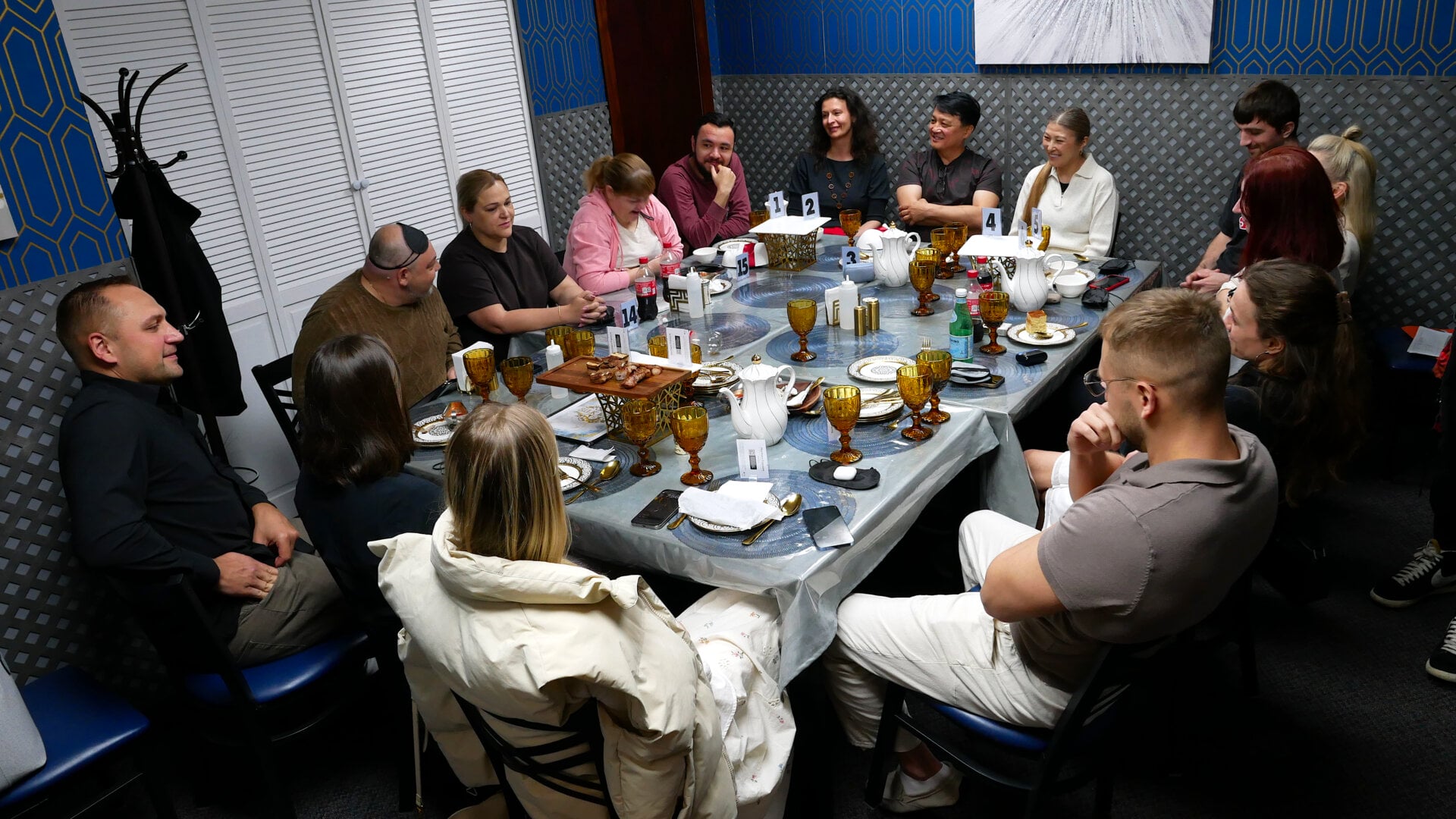 A photo of the participants of the «Mafia» community game held at a restaurant in Philadelphia, Pennsylvania, USA, on April 26, 2025, organized with the support of Vlad (Vladimir) Dorokhin.