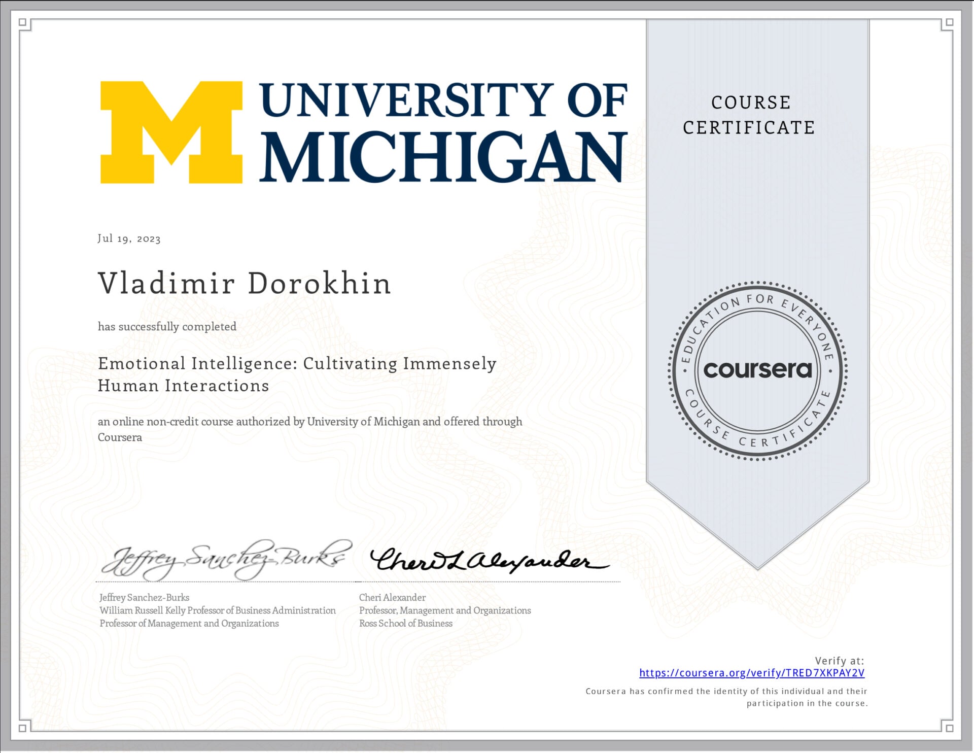 Эмоциональный Интеллект: Культивирование Глубокого Человеческого Взаимодействия (сертификат университетского курса Владимира Дорохина).